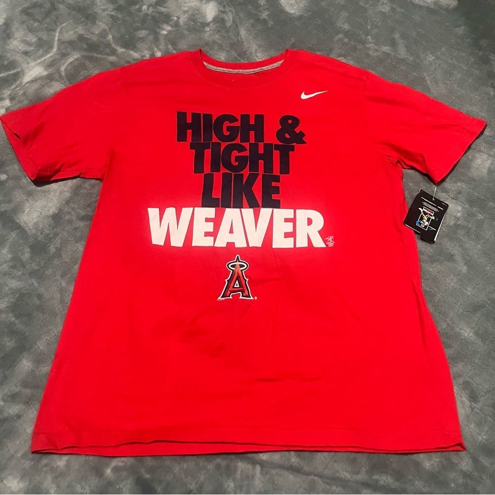 Nike Los Angeles Angels Jered Weaver High & Tight Red Graphic T-Shirt Mens L NWT